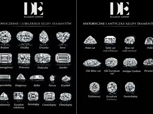 Różnorodne szlify diamentów: brylant, owalny, gruszka, serce, szmaragdowy, princessa, poduszka, asscher, point cut, table cut, rose cut, polki, old mine cut, old european cut, antique cushion, peruzzi cut, trapezoidalny, księżycowy, bullet, tarcza, kry...