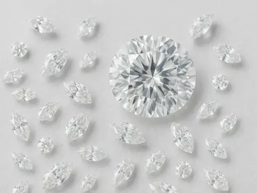 Oto jak wyglądają diamenty: duży, okrągły brylant otoczony mniejszymi diamentami w kształcie markizy i okrągłymi, błyszczącymi kamieniami.