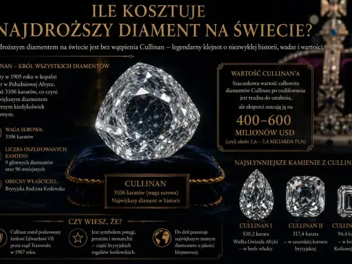 Najdroższy diament na świecie, Cullinan, ważył 3106 karatów. Jego wartość szacuje się na 400-600 milionów USD.