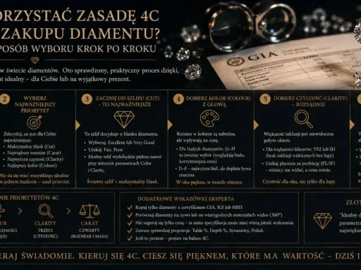 Zasada 4C to przewodnik po świecie diamentów. Wybierz idealną odmianę diamentu, kierując się budżetem, priorytetami i parametrami: szlif, kolor, czystość i carat.