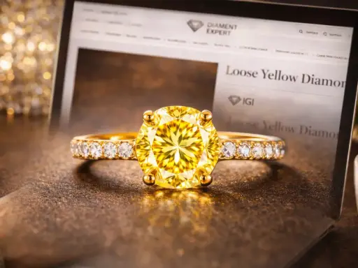 Złoty pierścionek z olśniewającym, żółtym diamentem na tle ekranu z napisem "Loose Yellow Diamond".