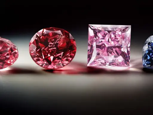 Różowe i czerwone diamenty, jak z polskiej kopalni diamentów, lśnią obok niebieskiego kamienia.