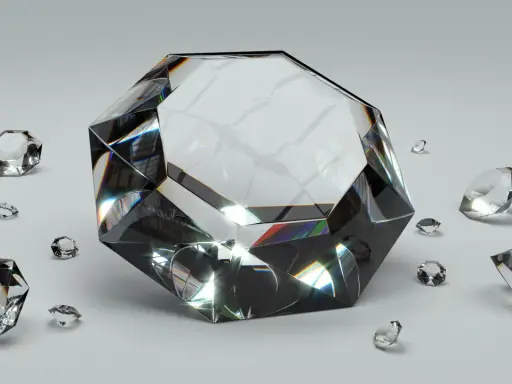 Wielki, błyszczący diament otoczony mniejszymi kamieniami. To właśnie co to diament – symbol luksusu i piękna, odbijający światło.