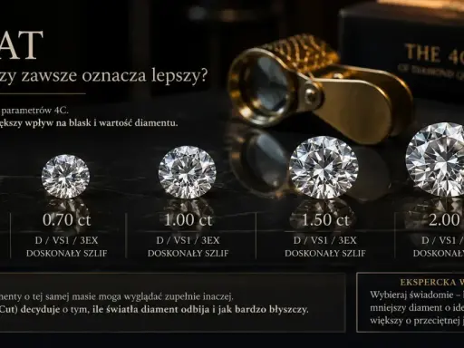 Pięć diamentów o różnej masie, od 0.50 do 2.00 ct, prezentuje piękno szlifu. Nawet szara odmiana diamentu zachwyca blaskiem dzięki doskonałemu cięciu.