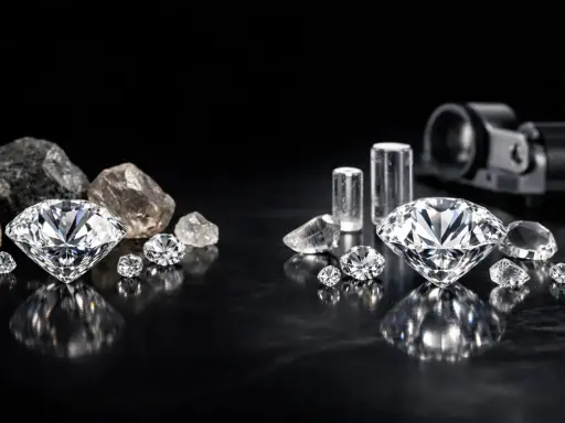 Błyszczące diamenty syntetyczne obok surowych kamieni i cylindrycznych próbek.