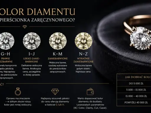 Porównanie barwy diamentów od bezbarwnych (D-F) po wyraźnie zabarwione (N-Z). Wybierz idealny kolor do pierścionka zaręczynowego.