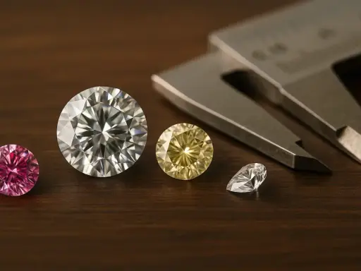 Różowe, białe i żółte diamenty obok suwmiarki. Zastanawiasz się, ile kosztuje diament?