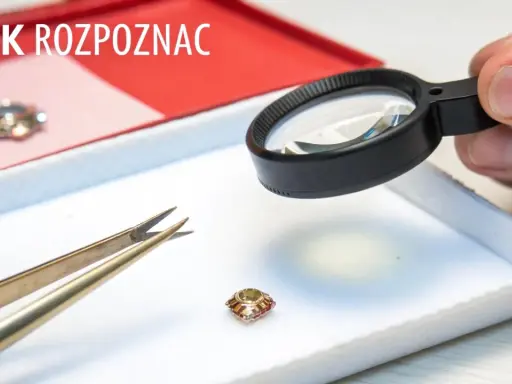 Dłoń z lupą bada mały kamień, obok pęseta. Jak odróżnić cyrkonię od diamentu?