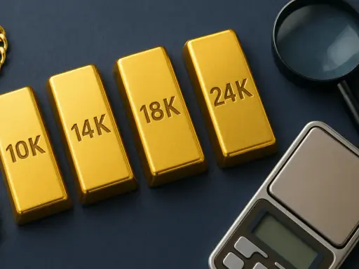 Sztabki złota o próbach 10K, 14K, 18K i 24K leżą obok siebie. Obok znajduje się lupa i waga jubilerska.