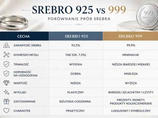 Porównanie srebra 925 i 999: trwałość, wygląd i zastosowanie. Srebro 925 jest praktyczne, 999 luksusowe.