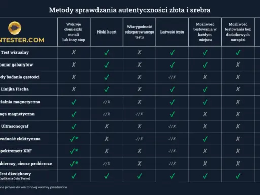 Tabela porównuje metody sprawdzania autentyczności złota, w tym próba Archimedesa (metody badania gęstości).