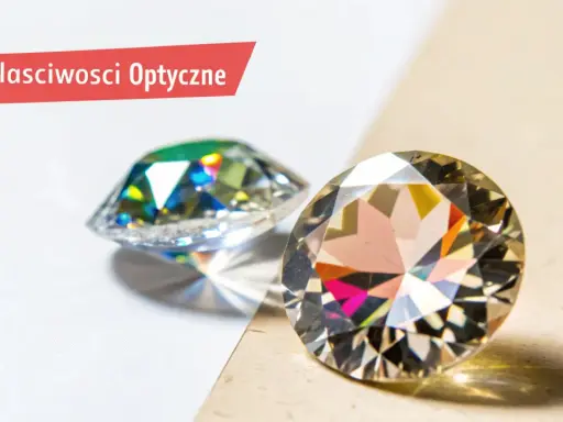 Dwa błyszczące kamienie, jeden z zielonymi refleksami, drugi z tęczowymi. Dowiedz się, co to cyrkonia i jakie ma właściwości optyczne.