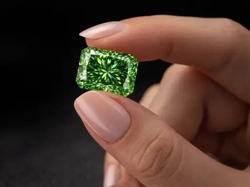 Dłoń trzyma lśniący, prostokątny zielony diament.