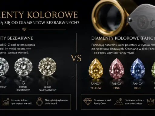 Porównanie barw diamentów: bezbarwne (D-J) i kolorowe (Fancy Yellow, Pink, Blue, Green, Orange).