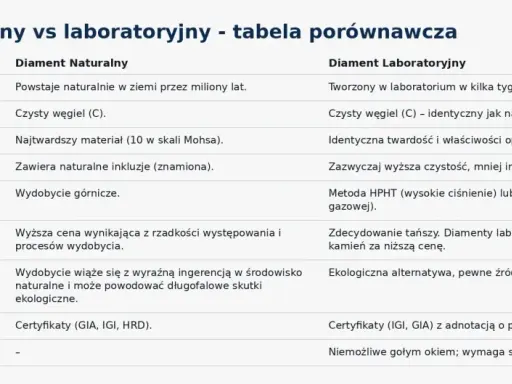 Tabela porównuje diament naturalny i laboratoryjny, podkreślając, że diament laboratoryjny jest tworzony w laboratorium, tańszy i ekologiczny.