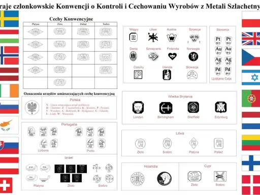 Oznaczenia na biżuterii z różnych krajów, w tym tabele cech konwencyjnych dla platyny, złota, palladu i srebra.