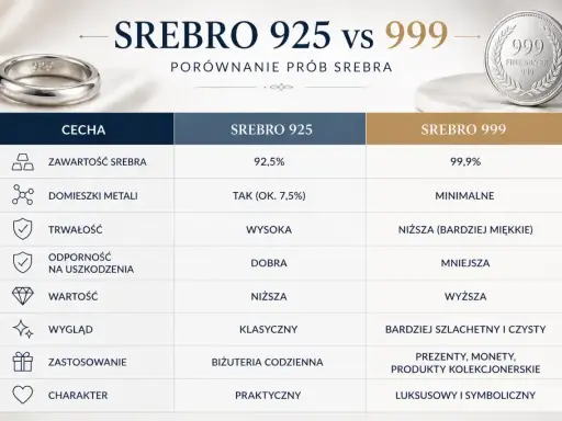 Porównanie srebra 925 i próby srebra 999: czystość, trwałość, zastosowanie. Srebro 999 jest bardziej szlachetne.