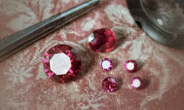 Zastanawiasz się, ile kosztuje rubin? Na zdjęciu widzimy kilka pięknych kamieni, od dużego, fasetowanego, po mniejsze, błyszczące.