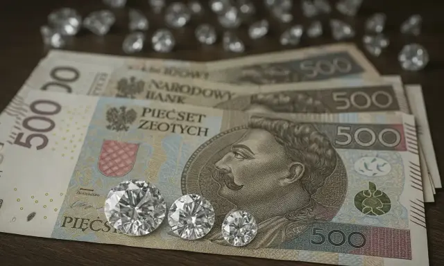 Trzy błyszczące diamenty inwestycyjne leżą na banknotach 500 zł.