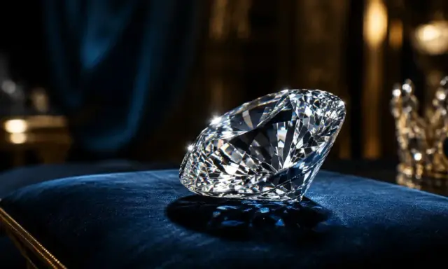 Błyszczący diament Kohinoor na aksamitnej poduszce, obok królewskiej korony.