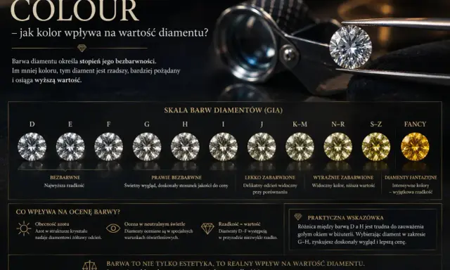 Skala barw diamentów GIA od D do Fancy. Im mniej koloru, tym wyższa wartość i rzadkość, a **kolor diamentowy** jest kluczowy.