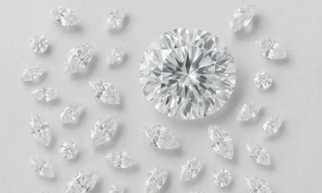 Oto jak wyglądają diamenty: duży, okrągły brylant otoczony mniejszymi diamentami w kształcie markizy i okrągłymi, błyszczącymi kamieniami.