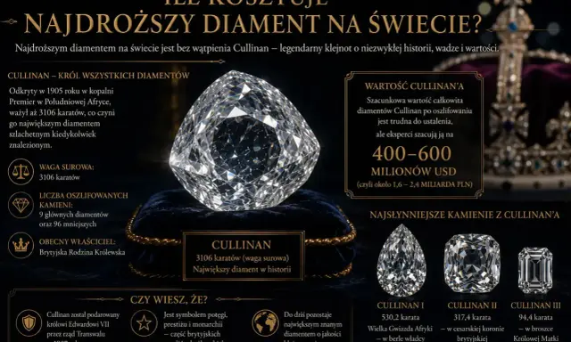 Najdroższy diament na świecie, Cullinan, ważył 3106 karatów. Jego wartość szacuje się na 400-600 milionów USD.