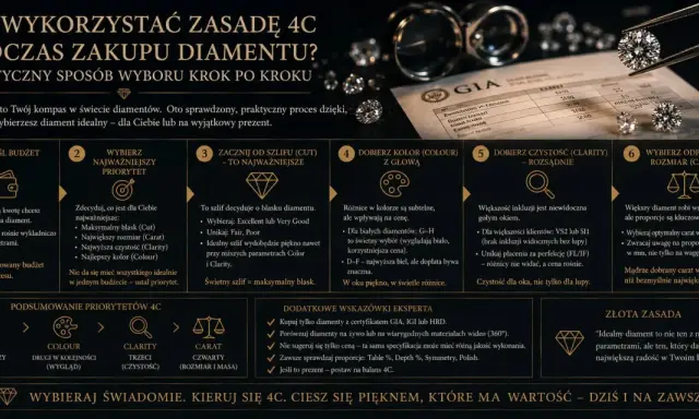 Zasada 4C to przewodnik po świecie diamentów. Wybierz idealną odmianę diamentu, kierując się budżetem, priorytetami i parametrami: szlif, kolor, czystość i carat.