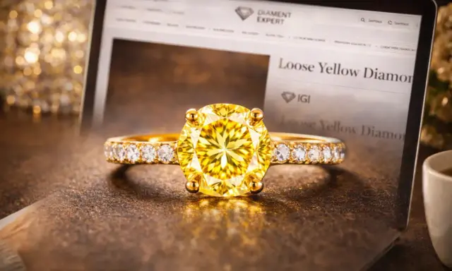 Złoty pierścionek z olśniewającym, żółtym diamentem na tle ekranu z napisem "Loose Yellow Diamond".