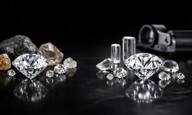 Błyszczące diamenty syntetyczne obok surowych kamieni i cylindrycznych próbek.