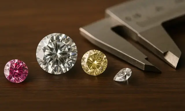 Różowe, białe i żółte diamenty obok suwmiarki. Zastanawiasz się, ile kosztuje diament?