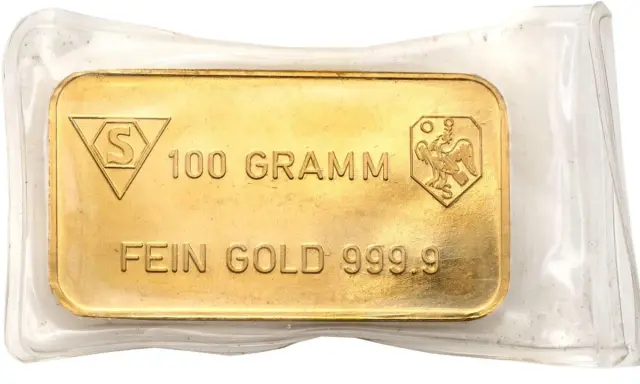 Sztabka złota 999.9 o wadze 100 gramów, w opakowaniu ochronnym.