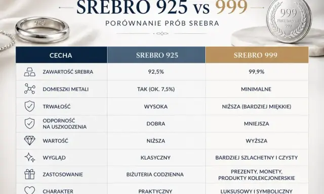 Porównanie srebra 925 i 999: trwałość, wygląd i zastosowanie. Srebro 925 jest praktyczne, 999 luksusowe.