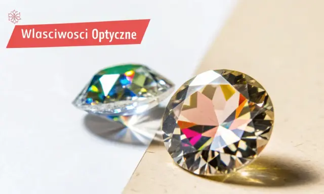 Dwa błyszczące kamienie, jeden z zielonymi refleksami, drugi z tęczowymi. Dowiedz się, co to cyrkonia i jakie ma właściwości optyczne.