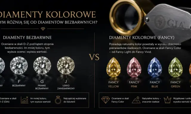 Porównanie barw diamentów: bezbarwne (D-J) i kolorowe (Fancy Yellow, Pink, Blue, Green, Orange).
