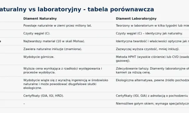 Tabela porównuje diament naturalny i laboratoryjny, podkreślając, że diament laboratoryjny jest tworzony w laboratorium, tańszy i ekologiczny.