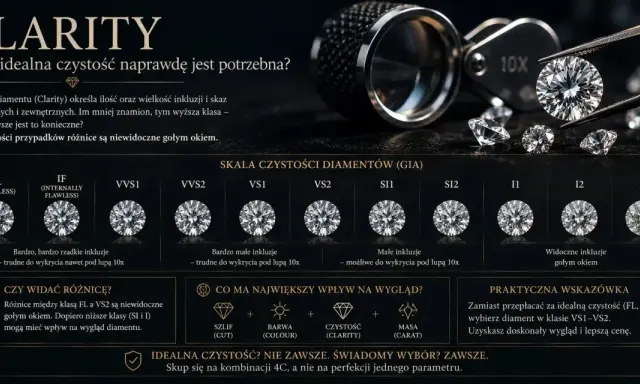 Skala czystości diamentów (Clarity) od FL do I3. Dowiedz się, jak wybrać idealny kamień, zamiast przepłacać za perfekcję.