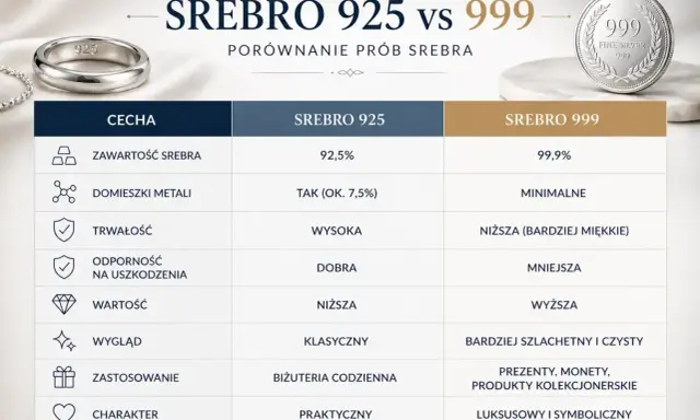 Porównanie srebra 925 i próby srebra 999: czystość, trwałość, zastosowanie. Srebro 999 jest bardziej szlachetne.