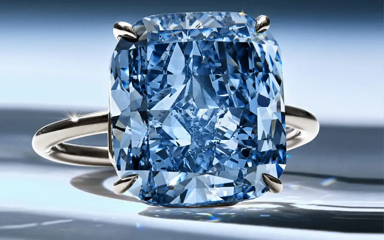 Błękitny diament, znany jako Hope Diamond, osadzony w pierścionku, lśni intensywnym blaskiem.