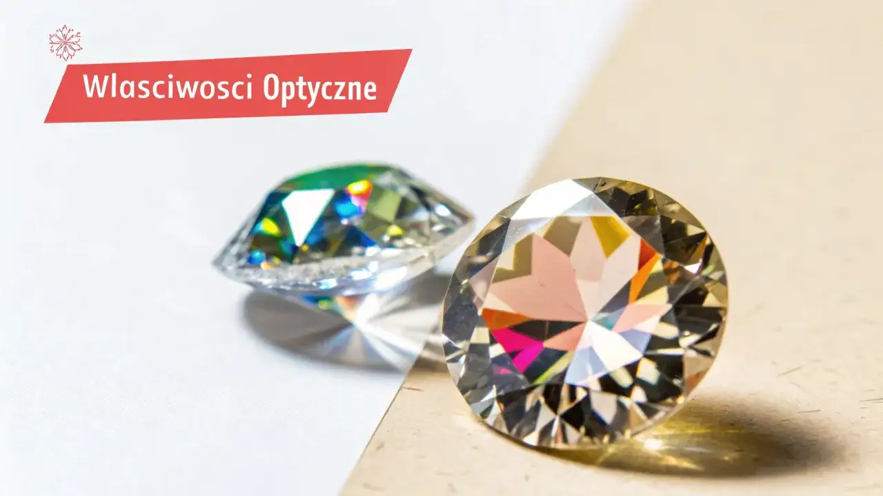 Dwa błyszczące kamienie, jeden z zielonymi refleksami, drugi z tęczowymi. Czy to cyrkonia? Co to jest cyrkonia?