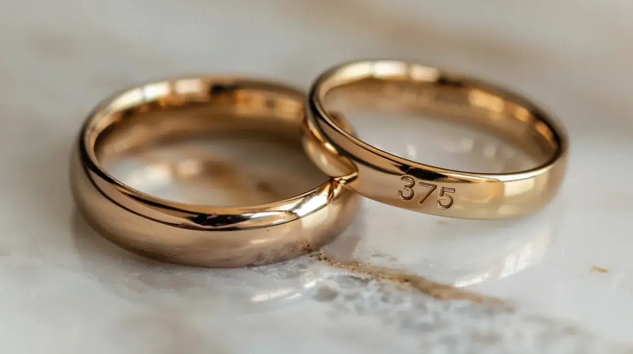 Dwa złote obrączki, jedna z wygrawerowaną liczbą 375, symbolizujące wieczną miłość. Choć nie są to diamenty o wadze 1 karat, ich wartość jest bezcenna.