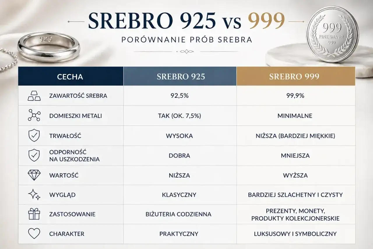 Porównanie srebra 925 i próby srebra 999. Tabela ukazuje różnice w zawartości, trwałości i zastosowaniu.