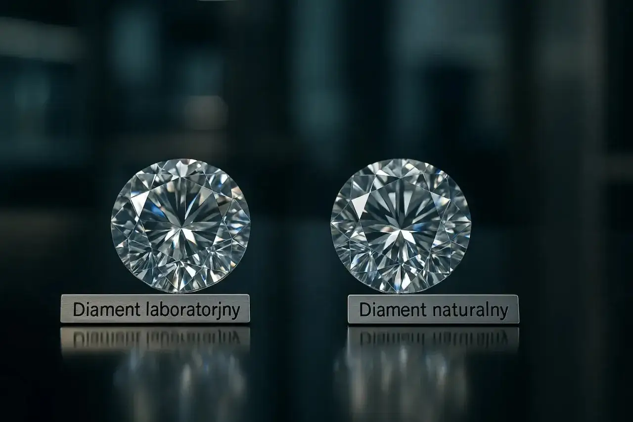 Dwa lśniące diamenty, jeden laboratoryjny, drugi prawdziwy diament naturalny, prezentują swoje piękno na ciemnym tle.
