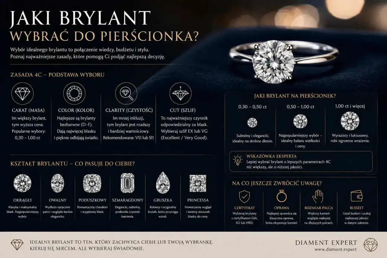 Idealny brylant to połączenie 4C. Wybierz swój wymarzony kamień, który zachwyci blaskiem i elegancją.