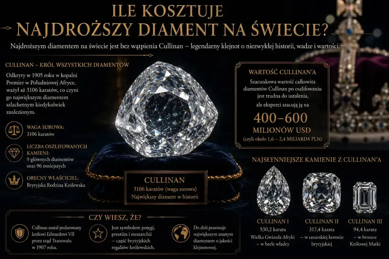 Największy diament świata, Cullinan, ważył 3106 karatów. Jego wartość szacuje się na 400-600 mln USD.