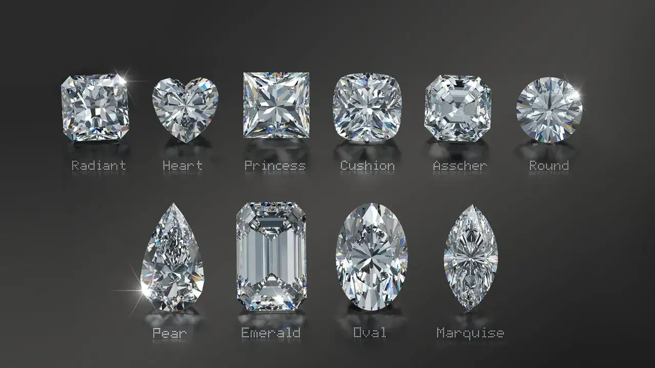Różnorodne rodzaje szlifów diamentów: Radiant, Heart, Princess, Cushion, Asscher, Round, Pear, Emerald, Oval, Marquise.