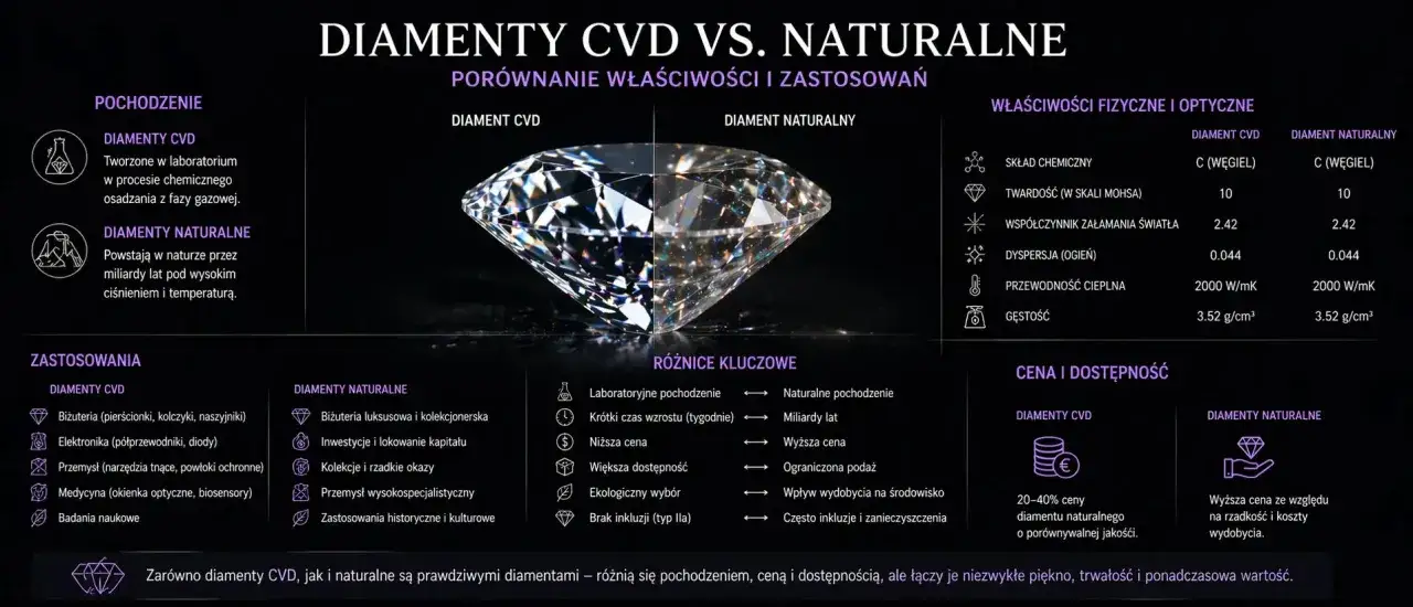 Porównanie diamentów CVD i naturalnych: syntetyczne diamenty CVD tworzone w laboratorium, naturalne powstają miliardy lat. Oba piękne i trwałe.