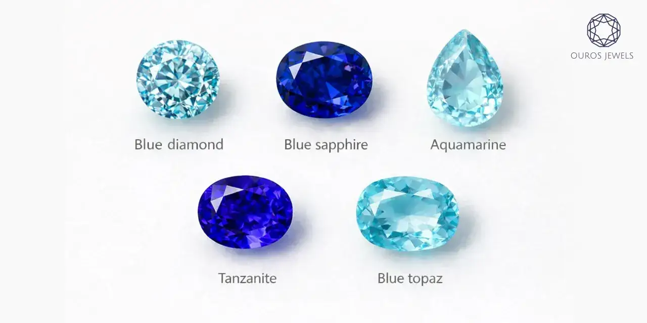 Pięć niebieskich kamieni szlachetnych: niebieski diament, szafir, akwamaryn, tanzanit i niebieski topaz.