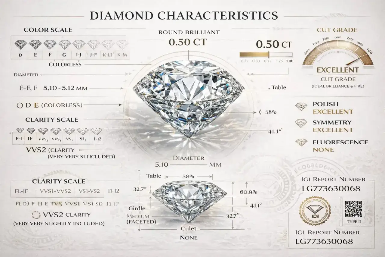 Szczegółowa charakterystyka diamentu inwestycyjnego: 0.50 CT, doskonały szlif, czystość VVS2, kolor E-F.