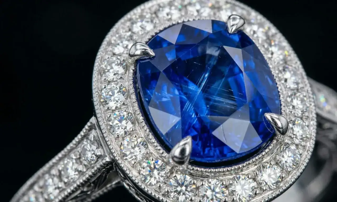 Elegancki pierścionek z olśniewającym, niebieskim kamieniem w otoczeniu błyszczących diamentów.